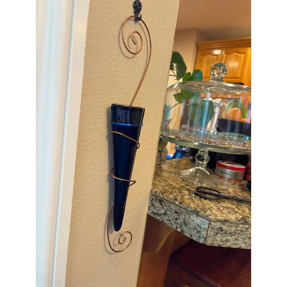Cobalt Art Glass and Copper Wall Sconce Vase